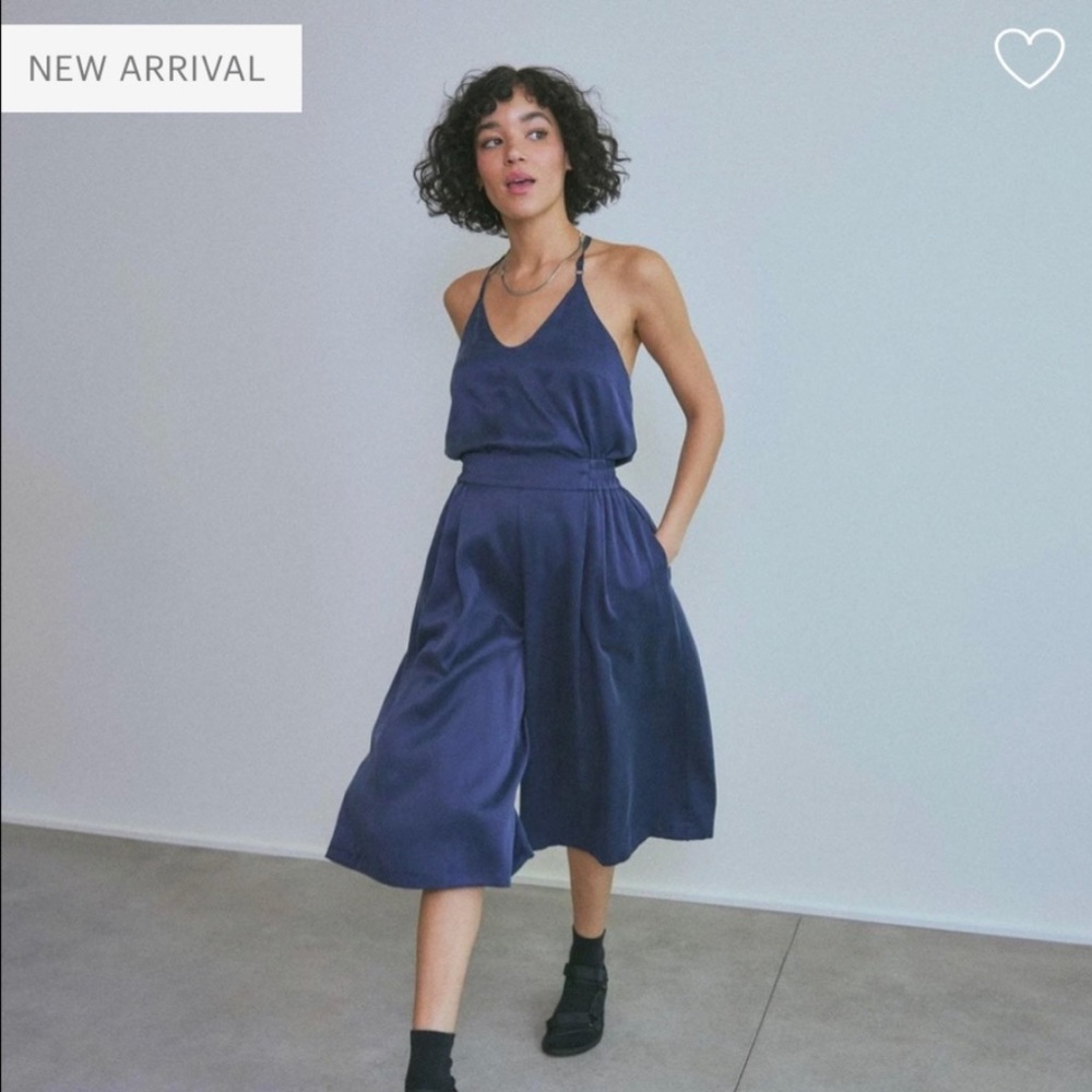 NEW LUNYA Washable Silk Wide Leg Crop Pant Set Deep Navy XS